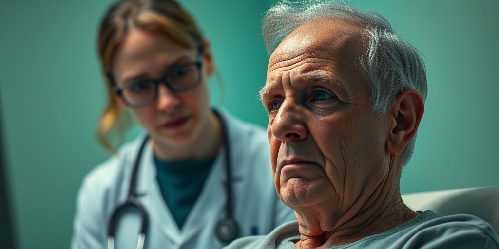 A patient in a clinical setting, displaying movement disorders, with a compassionate healthcare professional observing. 2.png