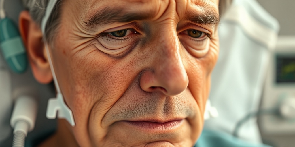 A patient in a clinical setting, displaying symptoms of Lung Nocardiosis, with a concerned expression and medical equipment nearby. 2.png