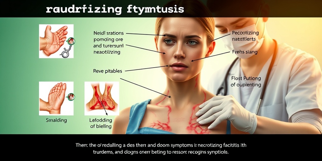 A patient in a clinical setting displays symptoms of necrotizing fasciitis, with a concerned expression and visible skin issues.  2.png