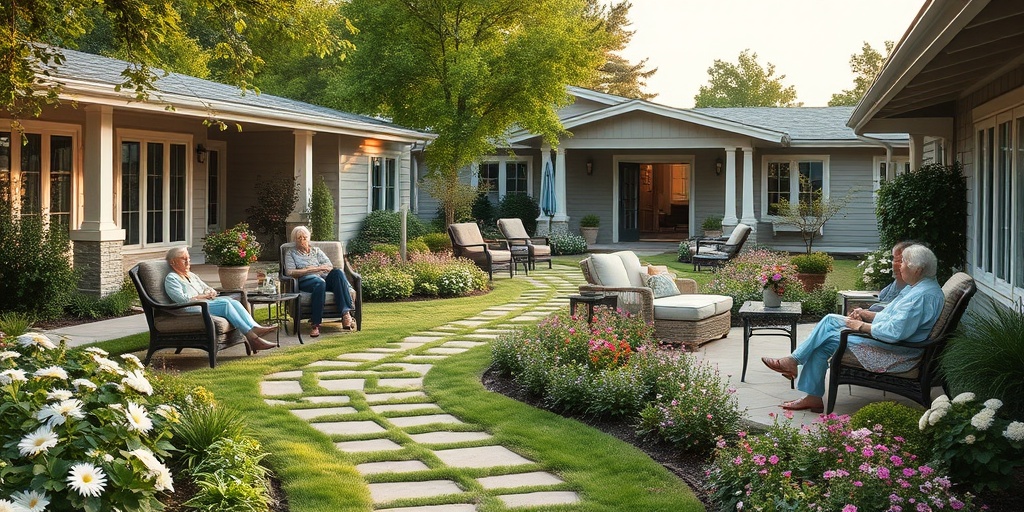 A peaceful outdoor hospice garden with seating areas, where patients and families enjoy the serene environment together.4.png