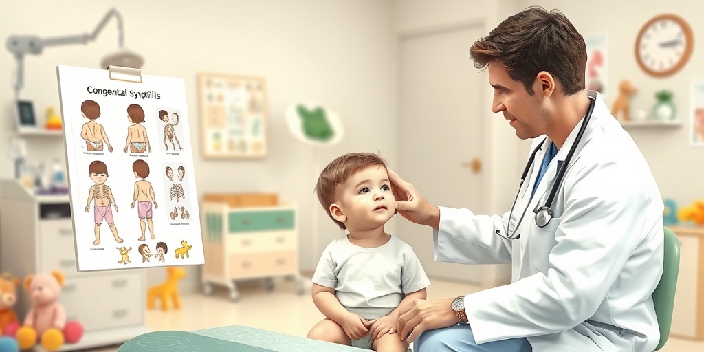A pediatrician examines a child, pointing to a chart of congenital syphilis symptoms in a warm clinic.  2.png