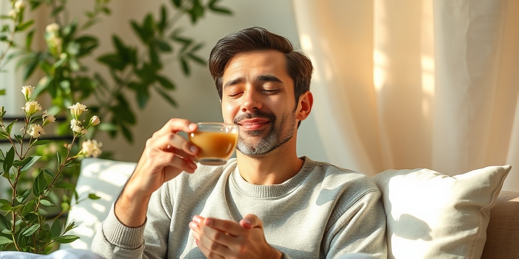 A person engages in self-care for glossopyrosis, sipping herbal tea in a serene environment of soft greens and whites.  5.png