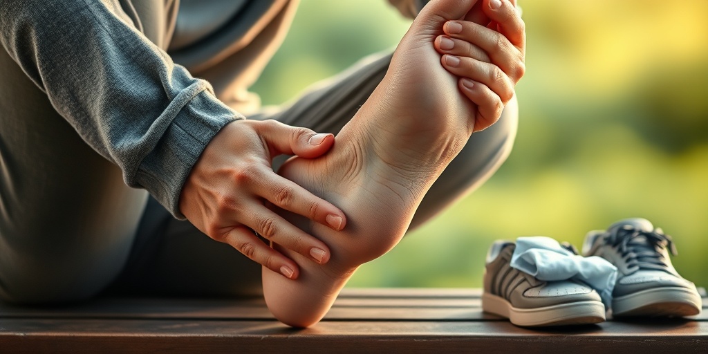 A person seated on a bench, rubbing their foot in pain, surrounded by supportive shoes and an ice pack. 2.png