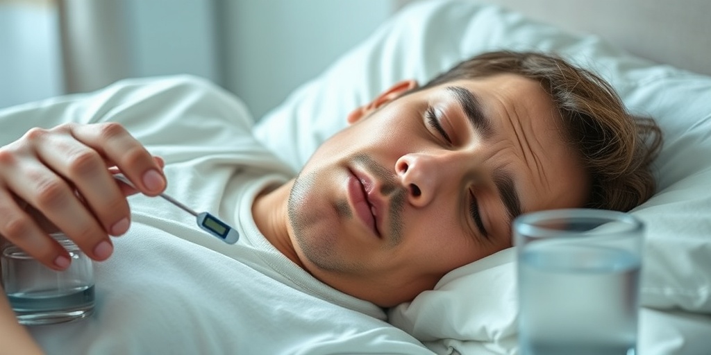 A person with Babesiosis symptoms sits in a softly lit room, thermometer in hand, conveying concern and fatigue.  2.png