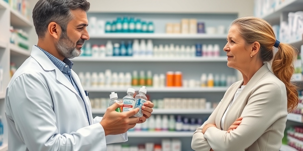 A pharmacist advising a patient on bad breath treatments, surrounded by health products in a professional pharmacy environment.4.png
