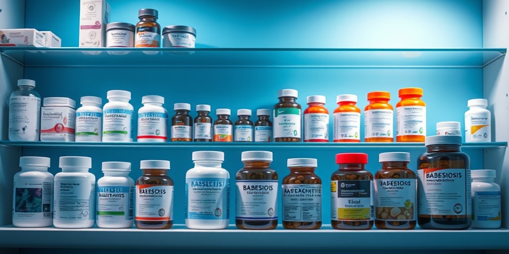 A pharmacy shelf displays various Babesiosis treatments, illuminated softly, creating a clinical yet approachable atmosphere.  4.png