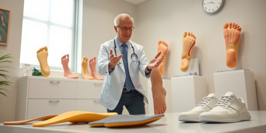 A podiatrist demonstrating foot exercises to a patient, with treatment tools and anatomical models in a clinical space. 4.png