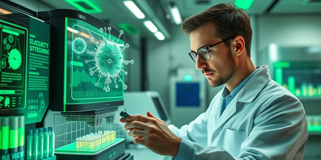 A researcher analyzes samples in a futuristic lab, surrounded by holographic data displays, symbolizing innovation in disease detection.4.png