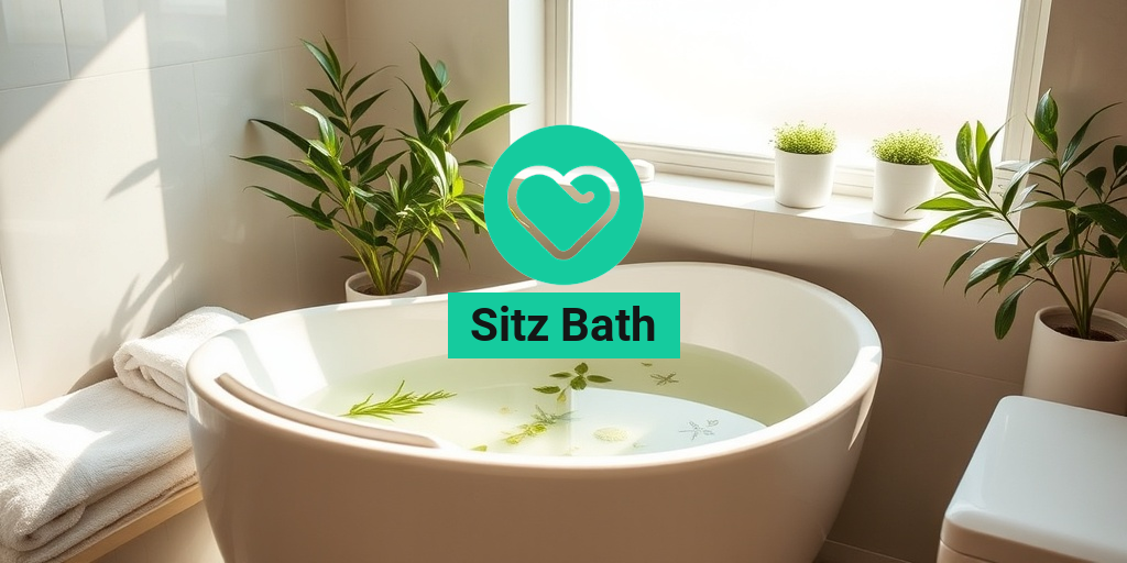 A serene bathroom with a modern sitz bath, warm water, and herbal infusions, surrounded by calming plants. • Yesil Health AI