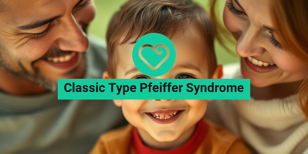A smiling child with Pfeiffer Syndrome, surrounded by a loving family in a warm, supportive environment. β’ Yesil Health AI