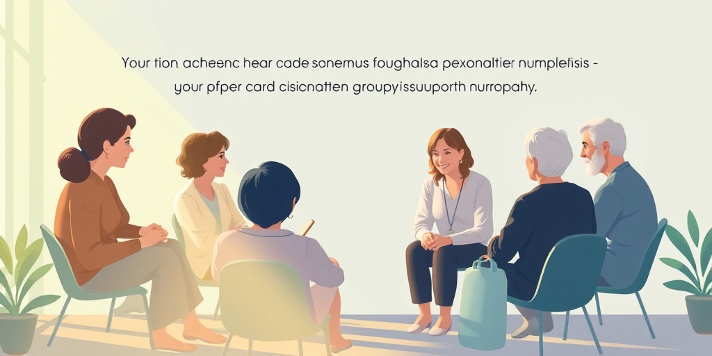 A support group meeting, where individuals share experiences and encouragement, set in a warm atmosphere of green and blue tones. 5.png