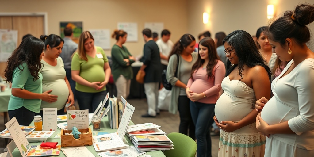 A supportive community gathering for expectant parents, featuring resources and shared experiences in a warm, inviting atmosphere.  5.png