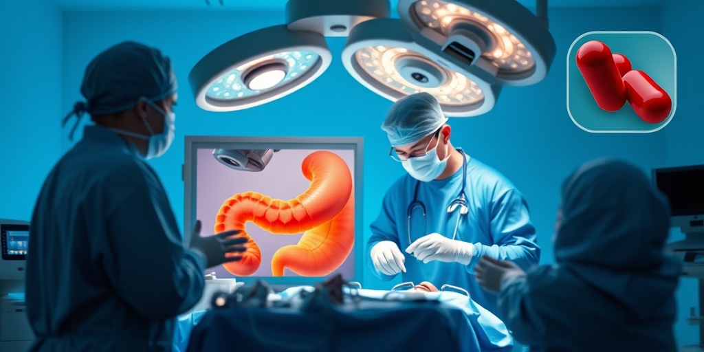 A surgical scene depicting advanced treatment options for appendicitis, with medical professionals in action under focused dramatic lighting.  4.png