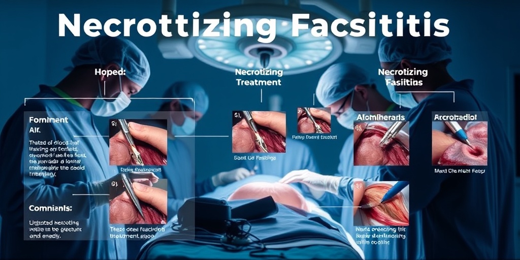 A surgical team operates on a patient with necrotizing fasciitis, showcasing instruments and the urgency of the treatment process.  4.png