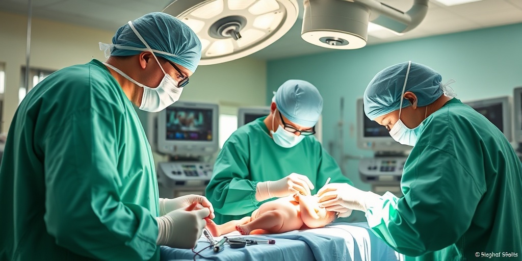 A surgical team performs corrective surgery for Fallot's Tetralogy, showcasing precision and teamwork in a bright, focused operating room.4.png