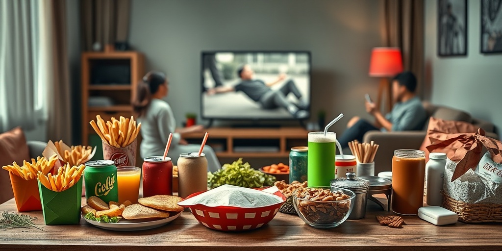 A table filled with unhealthy foods contrasts with a family engaged in sedentary activities, emphasizing awareness.  3.png