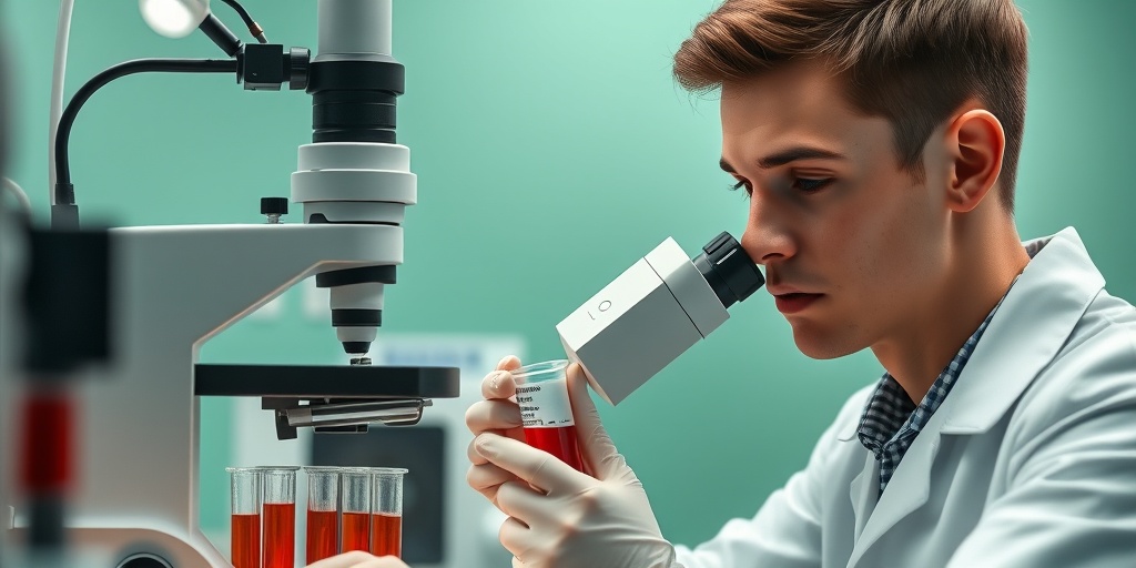 A technician analyzes blood samples under a microscope in a well-equipped laboratory focused on ACH diagnostics.  4.png