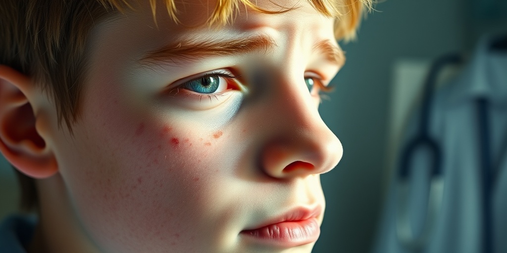 A teenager squints against bright light, displaying symptoms of bacterial meningitis, with medical charts subtly blurred in the background.  2.png