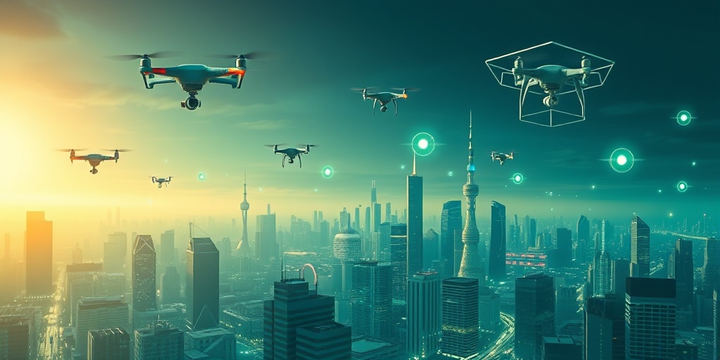 A vibrant cityscape features drones and smart devices collecting health data, representing a hopeful vision of future health monitoring systems.5.png