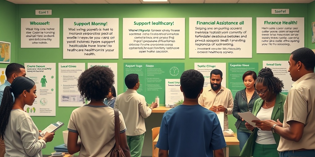 A vibrant community resource center offers programs for affordable healthcare, showcasing diverse individuals seeking support.  5.png