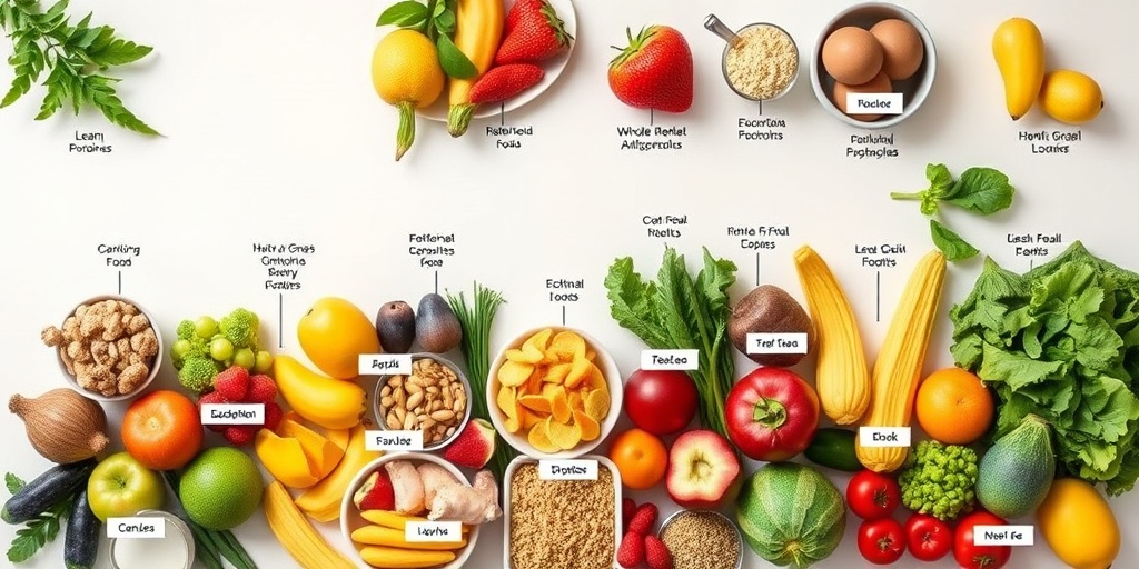 A vibrant table displays colorful, nutritious foods, each labeled with benefits, promoting healthy eating habits in an inviting setting.  3.png