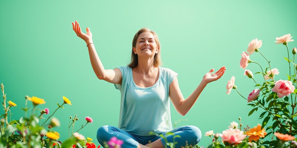A vibrant woman practices yoga and gardens, symbolizing the healing benefits of hormone therapy amidst blooming flowers.3.png