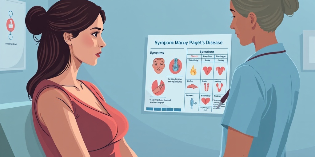 A woman discusses Mammary Paget's symptoms with a healthcare professional, capturing empathy and concern in a clinical setting.2.png