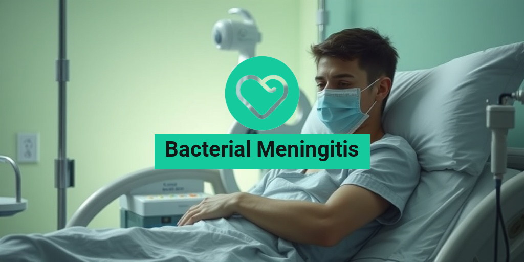 A young adult in a hospital bed shows distress from bacterial meningitis, surrounded by medical equipment and a caring professional. β’ Yesil Health AI