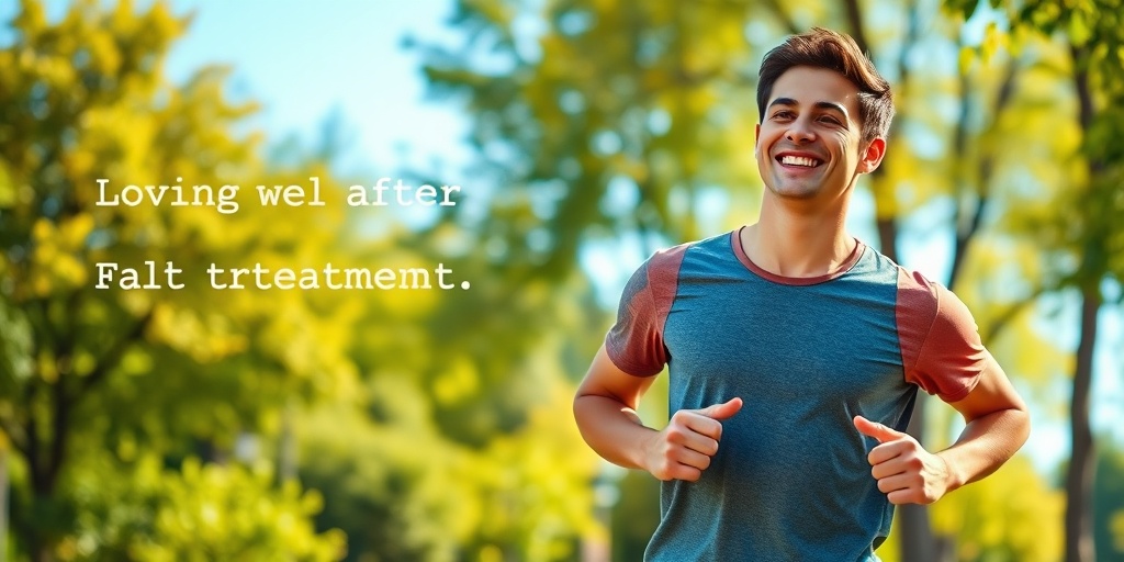 A young adult jogs in a park, embodying resilience and recovery after Fallot's Tetralogy treatment, surrounded by lush greenery and a clear sky.5.png