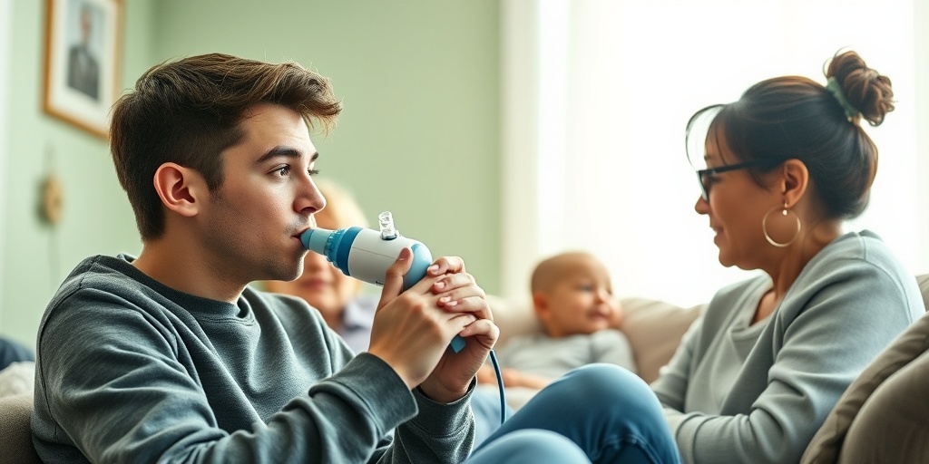 A young adult using a nebulizer at home, surrounded by family, embodying resilience in a warm atmosphere of soft green and blue hues.  5.png