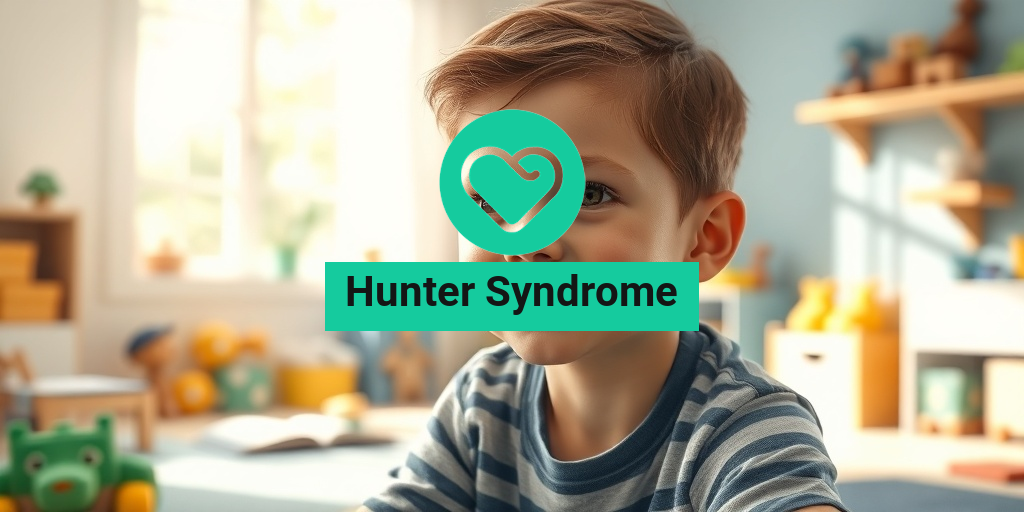 A young boy with Hunter Syndrome smiles in a bright room filled with toys, radiating childhood joy. β’ Yesil Health AI