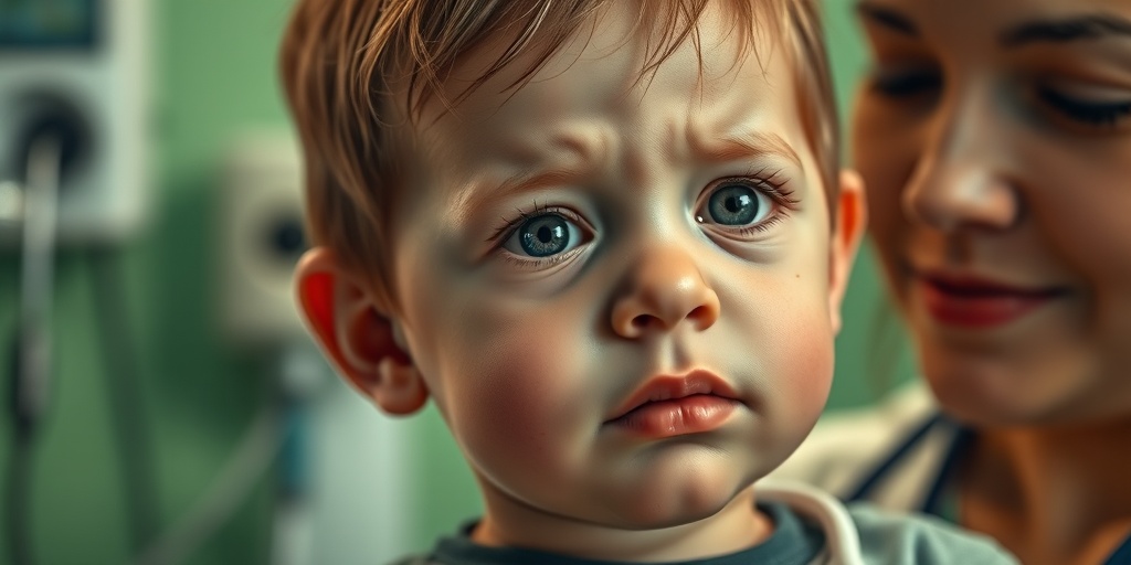 A young child in a clinical setting shows symptoms of Fallot's Tetralogy, supported by a compassionate healthcare professional in warm lighting.2.png