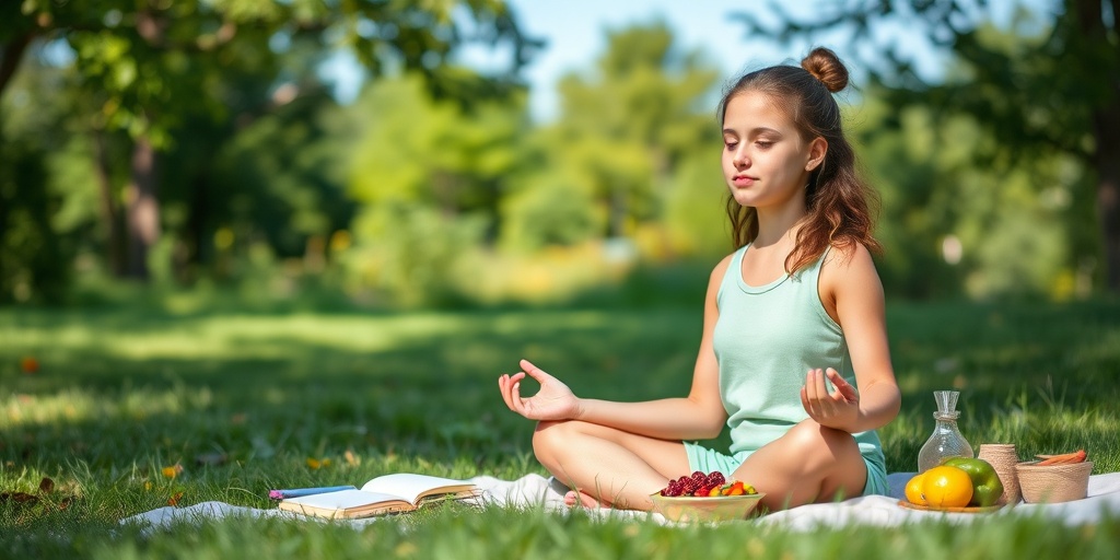 A young person practices yoga outdoors, embodying mindfulness and self-care amidst serene natural surroundings.  5.png