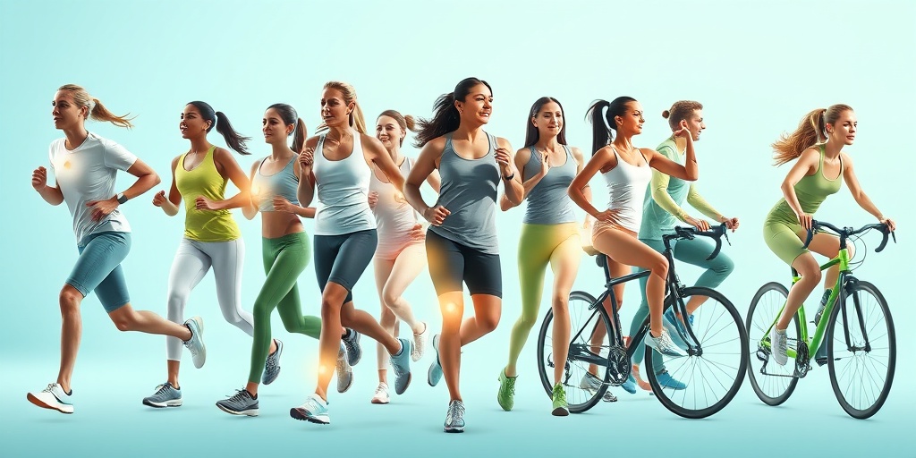 Active individuals jogging, practicing yoga, and cycling, showcasing vitality and joint health benefits of glucosamine in a vibrant scene.2.png