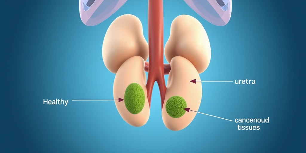 An anatomical illustration highlighting urethra and surrounding tissues, contrasting healthy and cancerous areas for educational purposes. 3.png