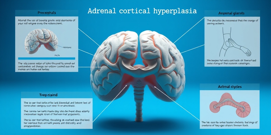 An anatomical model of adrenal glands highlights changes due to Adrenal Cortical Hyperplasia against a blue backdrop.  2.png