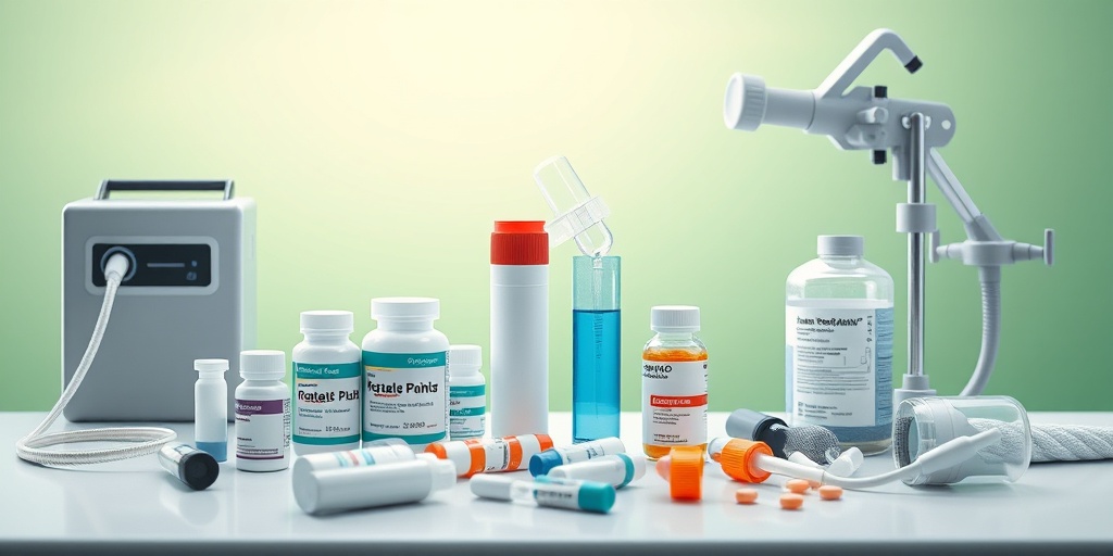 An array of treatment options for fibrous interstitial pneumonia, including inhalers and medications, arranged on a clinical table with a hopeful green background.4.png