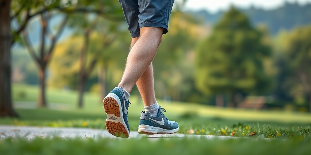 An individual walking in a park, wearing supportive shoes, embodying resilience and adaptability in daily life.  5.png