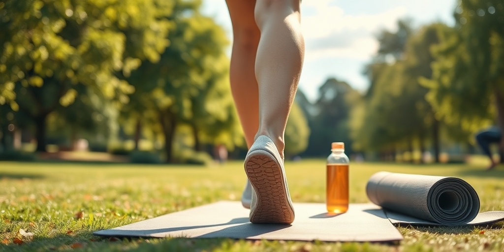 An individual walking in a park with supportive shoes, embodying resilience amidst lush greenery and blue skies. 5.png
