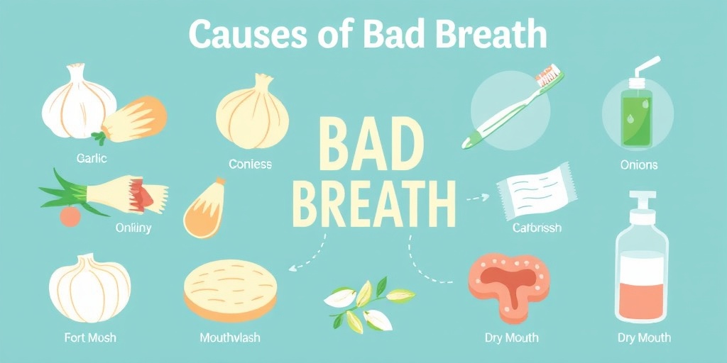 An infographic illustrating bad breath causes, featuring garlic, toothbrushes, and dry mouth against a subtle blue background.2.png
