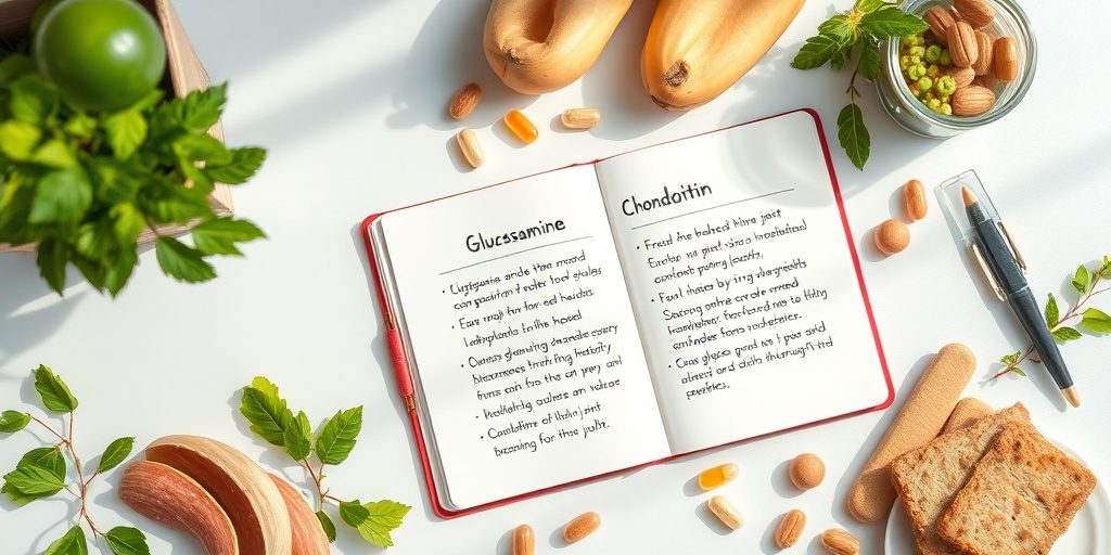 An open notebook with notes on glucosamine benefits, surrounded by supplements and healthy foods, emphasizing joint health awareness.5.png