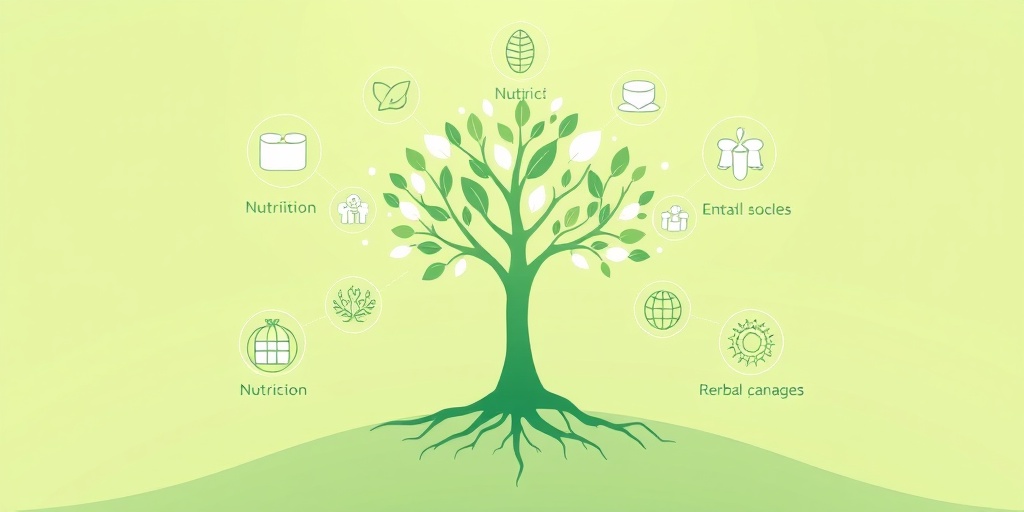 Artistic symbols of naturopathic medicine, showcasing a tree with roots and icons of nutrition and herbal remedies.  2.png