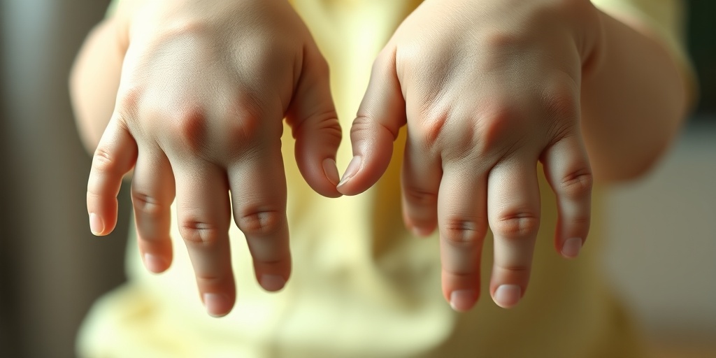 Close-up of a child's hands shows joint stiffness and swelling, emphasizing the impact of Hunter Syndrome.  2.png