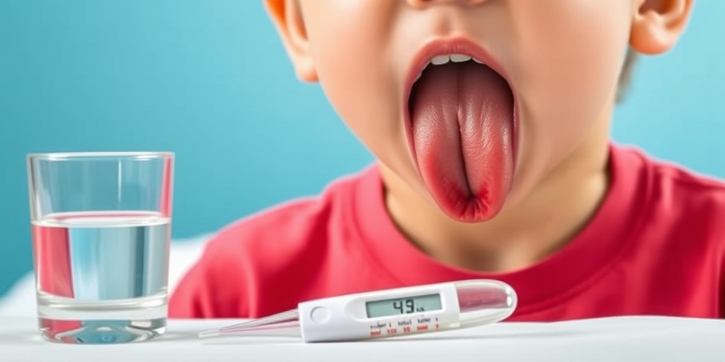 Close-up of a child's throat shows inflamed tonsils and white coating, with a thermometer nearby on a bedside table.  2.png