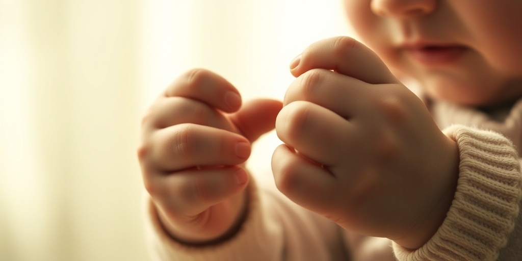 Close-up of a child's trembling hands struggling to grasp a toy, illustrating motor skill challenges of Tay-Sachs disease.  2.png