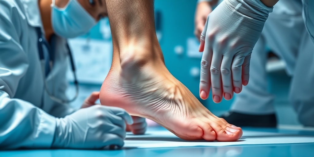 Close-up of a misaligned foot in a clinical setting, with medical professionals examining it attentively.  2.png