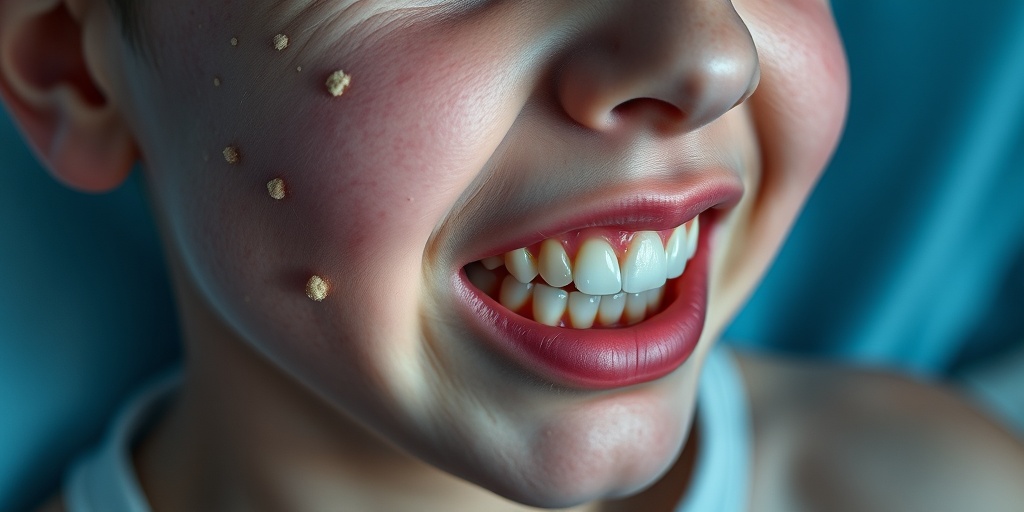 Close-up of a patient's face reveals epidermoid cysts and unique dental features, illuminated by soft cinematic lighting.2.png