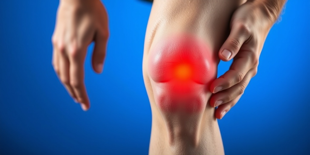 Close-up of a swollen knee with bruising, illustrating meniscus tear symptoms, highlighting discomfort and urgency. 2.png