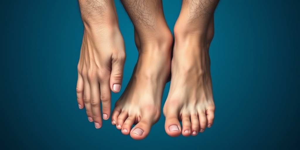 Close-up of hands and feet illustrating muscle weakness and high arches, set against a subtle blue background. 2.png