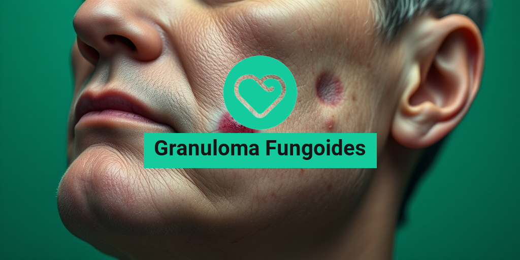 Close-up of skin lesions from Granuloma Fungoides, highlighting texture and color against a calming green background. • Yesil Health AI